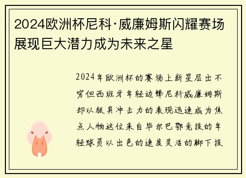 2024欧洲杯尼科·威廉姆斯闪耀赛场展现巨大潜力成为未来之星